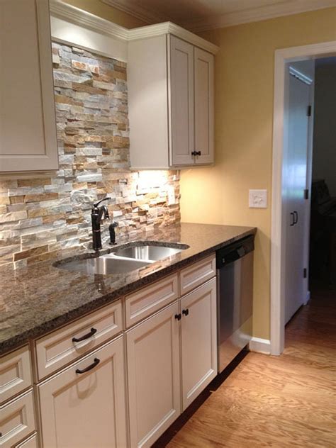 stainless steel backsplash tiles with white cabinets|stacked stone backsplash white cabinet.